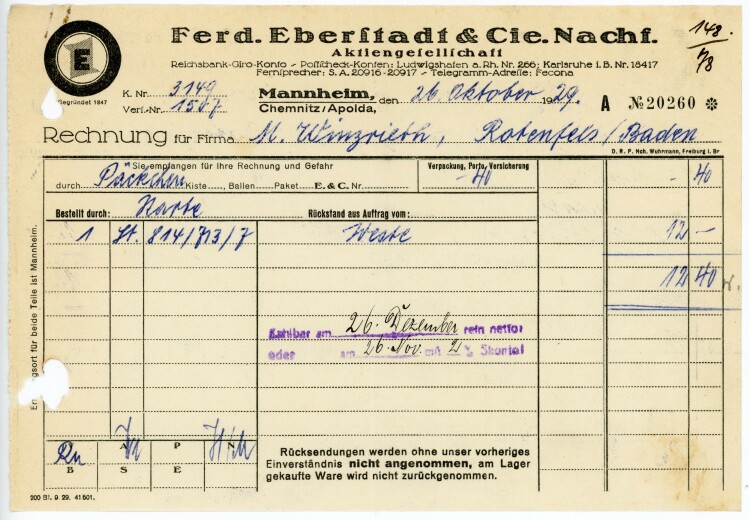 Ferdinand Eberstadt & Cie. Nachfolger Aktiengesellschaft  - Rechnung  - 26.10.1929