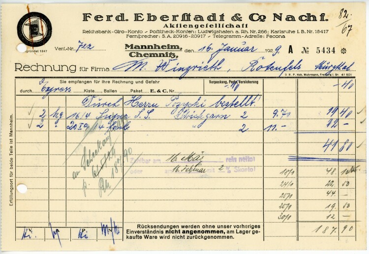 Ferdinand Eberstadt & Cie. Nachfolger Aktiengesellschaft  - Rechnung  - 19.01.1929