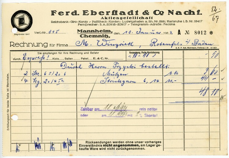 Ferdinand Eberstadt & Cie. Nachfolger Aktiengesellschaft  - Rechnung  - 19.01.1929