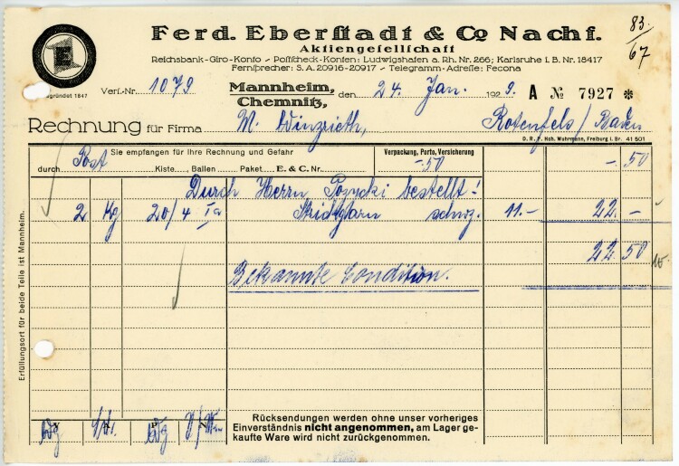 Ferdinand Eberstadt & Cie. Nachfolger Aktiengesellschaft  - Rechnung  - 24.01.1929