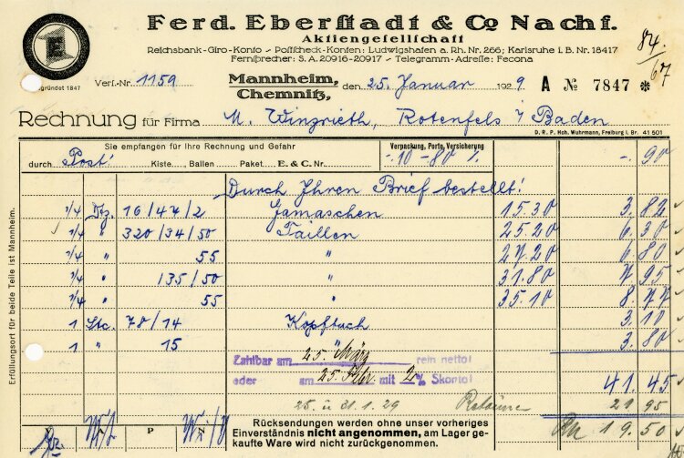 Ferdinand Eberstadt & Cie. Nachfolger Aktiengesellschaft  - Rechnung  - 25.01.1929