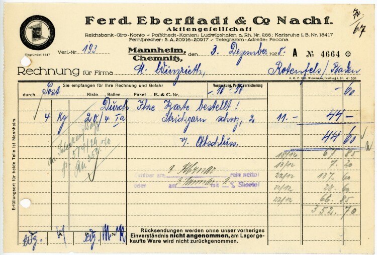 Ferdinand Eberstadt & Cie. Nachfolger Aktiengesellschaft  - Rechnung  - 03.12.1928