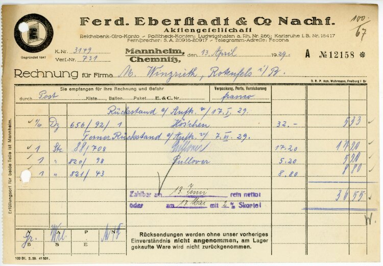 Ferdinand Eberstadt & Cie. Nachfolger Aktiengesellschaft  - Rechnung  - 1304.1929