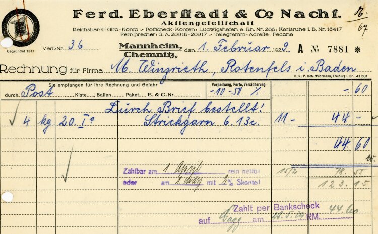 Ferdinand Eberstadt & Cie. Nachfolger Aktiengesellschaft  - Rechnung  - 01.02.1929