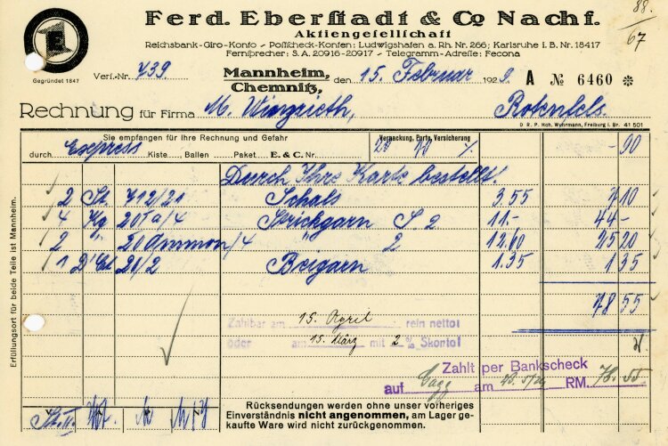 Ferdinand Eberstadt & Cie. Nachfolger Aktiengesellschaft  - Rechnung  - 15.02.1929