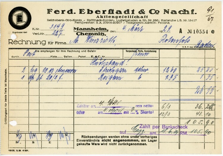 Ferdinand Eberstadt & Cie. Nachfolger Aktiengesellschaft  - Rechnung  - 04.03.1929