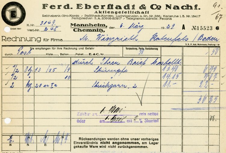 Ferdinand Eberstadt & Cie. Nachfolger Aktiengesellschaft  - Rechnung  - 06.03.1929
