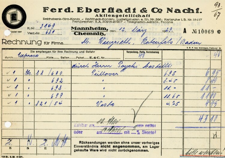 Ferdinand Eberstadt & Cie. Nachfolger Aktiengesellschaft  - Rechnung  - 12.03.1929
