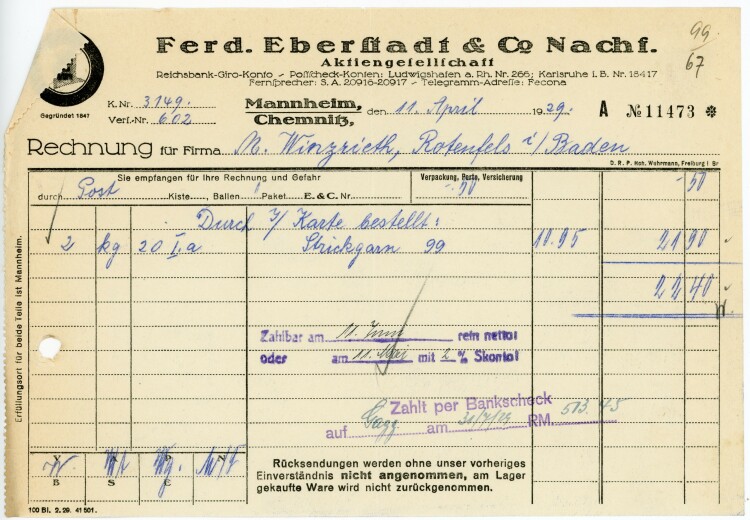 Ferdinand Eberstadt & Cie. Nachfolger Aktiengesellschaft  - Rechnung  - 1929