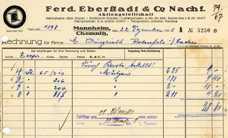 Ferdinand Eberstadt & Cie. Nachfolger Aktiengesellschaft  - Rechnung  - 22.12.1928