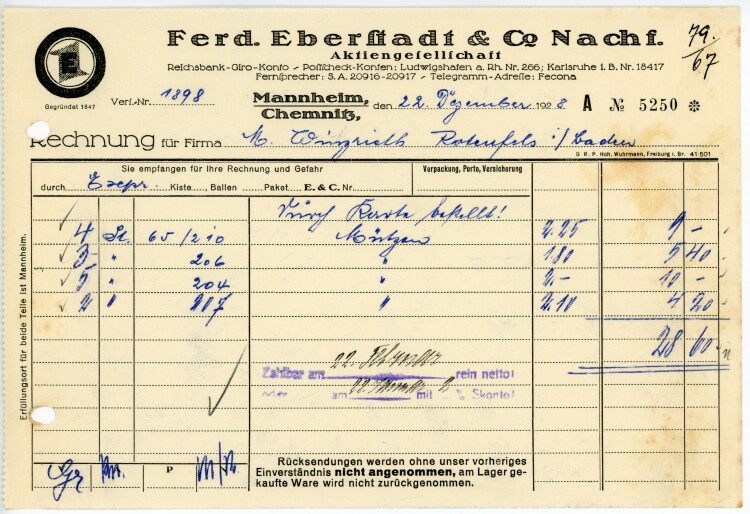 Ferdinand Eberstadt & Cie. Nachfolger Aktiengesellschaft  - Rechnung  - 22.12.1928
