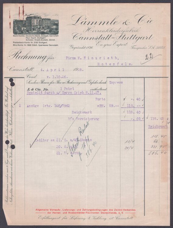 Lämmle Cie Herrenkleiderfabrik - Rechnung - 04.04.1928