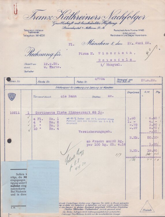 Franx Kathreiners Nachfolger GmbH - Rechnung - 27.06.1928