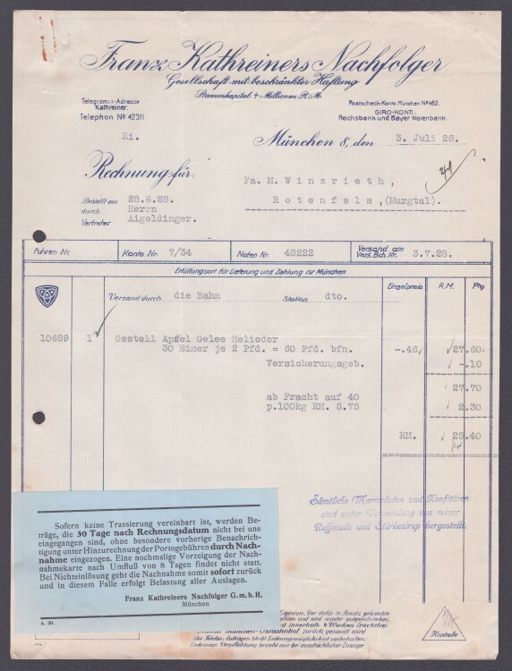 Franx Kathreiners Nachfolger GmbH - Rechnung - 03.06.1928