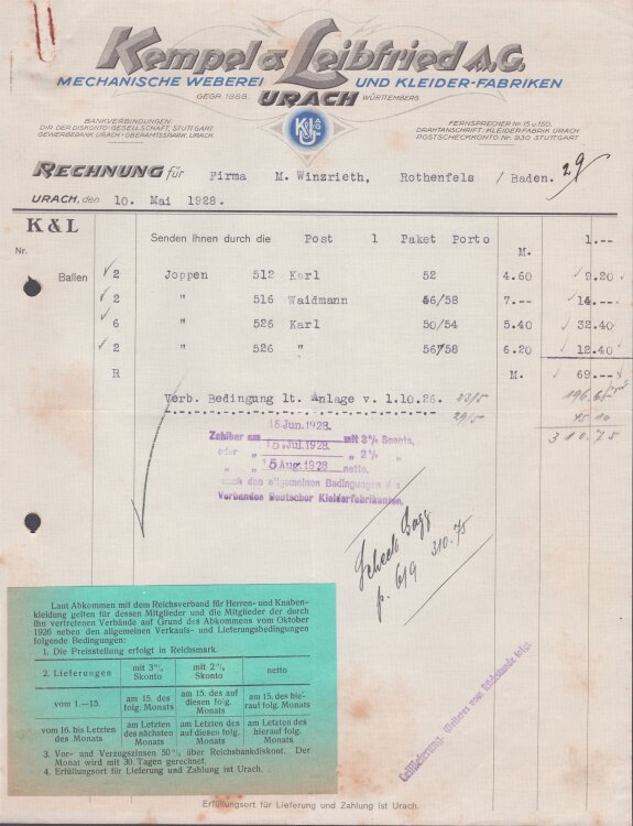 Kempel Leibfeld Mechanische Weberei und Kleiderfabriken - Rechnung - 10.05.1928