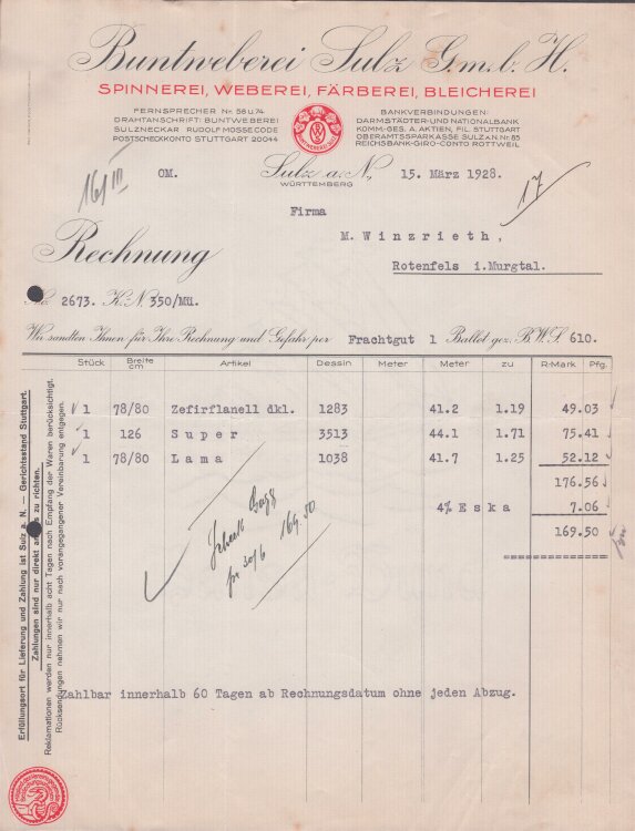 Buntweberei Sulz GmbH - Rechnung - 15.05.1928