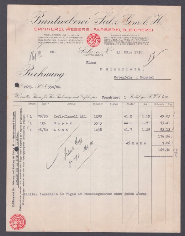 Buntweberei Sulz GmbH - Rechnung - 15.05.1928