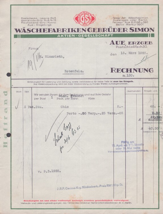 Wäschefabriken Gebrüder Simon - Rechnung - 15.05.1928