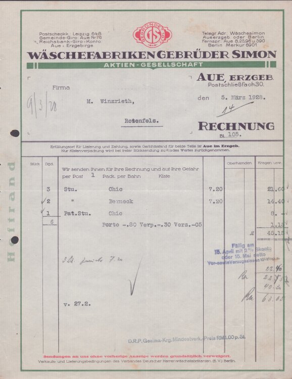 Wäschefabriken Gebrüder Simon - Rechnung - 05.05.1928