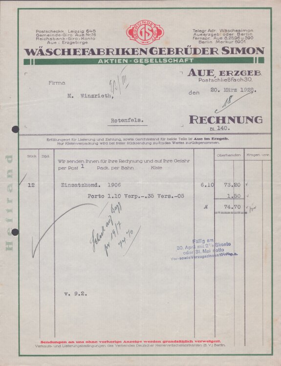 Wäschefabriken Gebrüder Simon - Rechnung - 20.05.1928