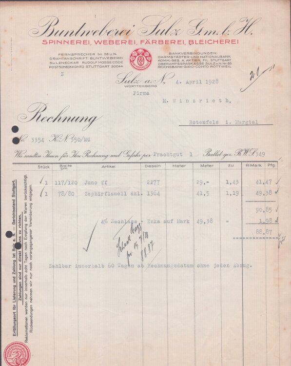 Buntweberei Sulz GmbH - Rechnung - 04.04.1928