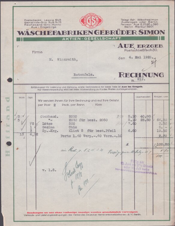 Wäschefabriken Gebrüder Simon - Rechnung - 04.05.1928