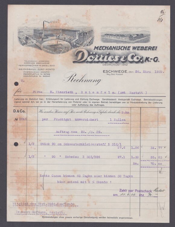 Mechaninische Weberei Dörries und Co - Rechnung - 26.03.1929