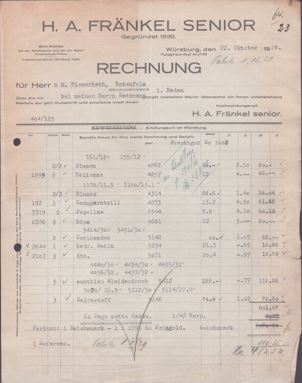H A Fränkel Senior - Rechnung - 22.10.1928