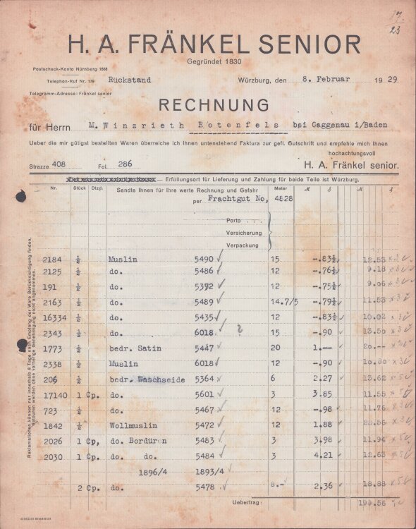 H A Fränkel Senior - Rechnung - 08.02.1929