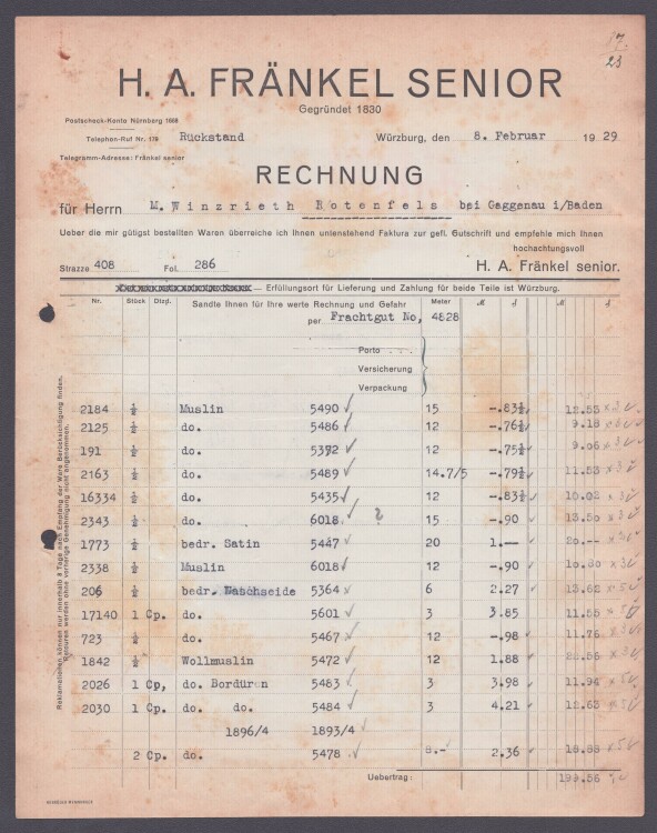 H A Fränkel Senior - Rechnung - 08.02.1929