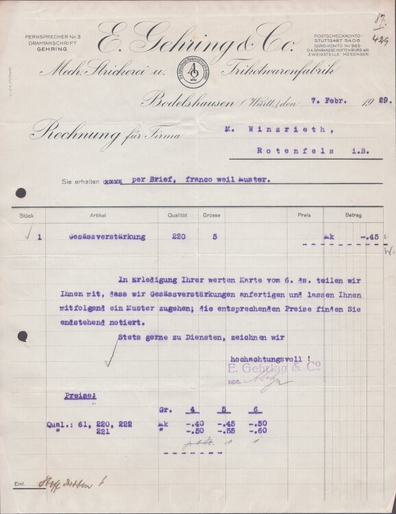 E Gehring und Co Mechanische Stickerei und Trikotwarenfabrik - Rechnung - 05.02.1929