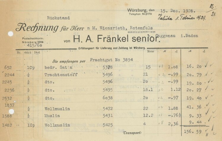 Fränkel senior - Rechnung - 01.02.1929