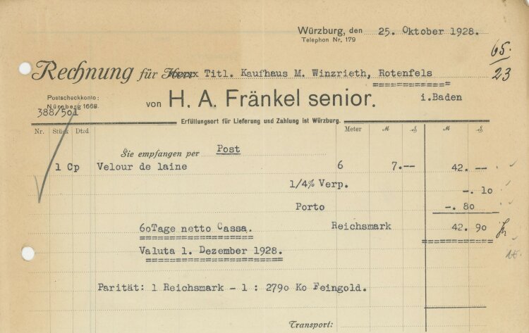 Fränkel senior - Rechnung - 25.08.1928