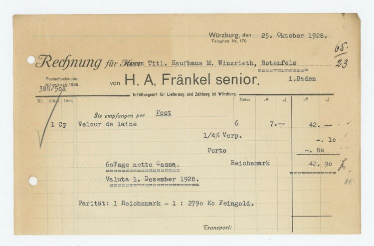 Fränkel senior - Rechnung - 25.08.1928