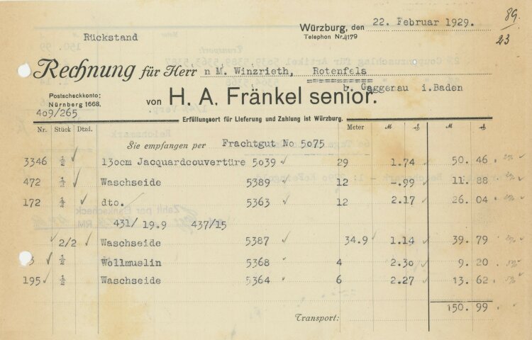 Fränkel senior - Rechnung - 22.02.1929
