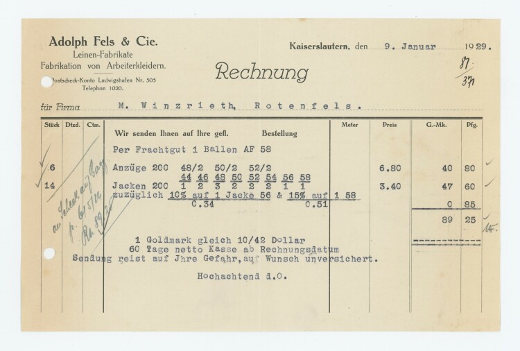 Adolph Fels Leinen-Fabrikate Fabrikation von Arbeiterkleidern - Rechnung - 09.01.1929