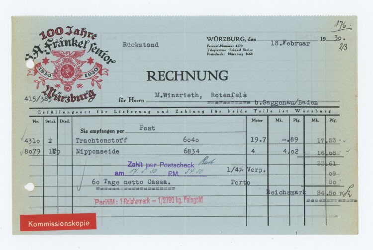 Fränkel senior - Rechnung  - 18.02.1930