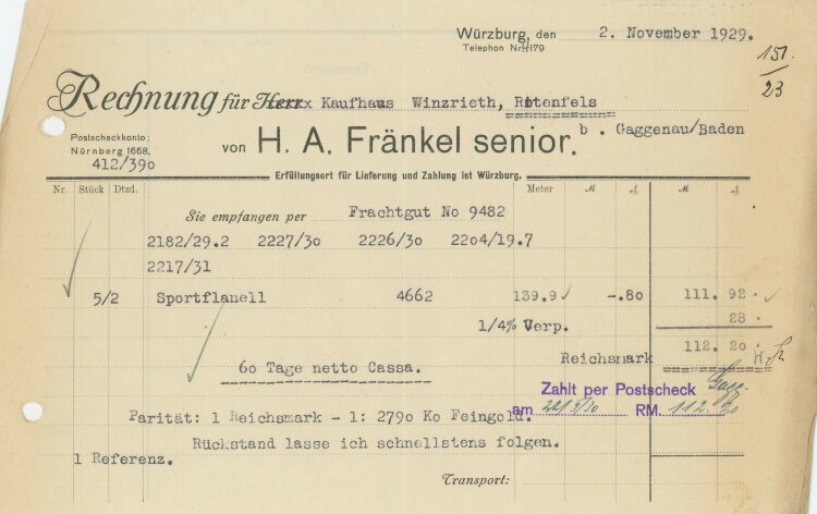 Herr Fränkle senior - Rechnung - 02.11.1929