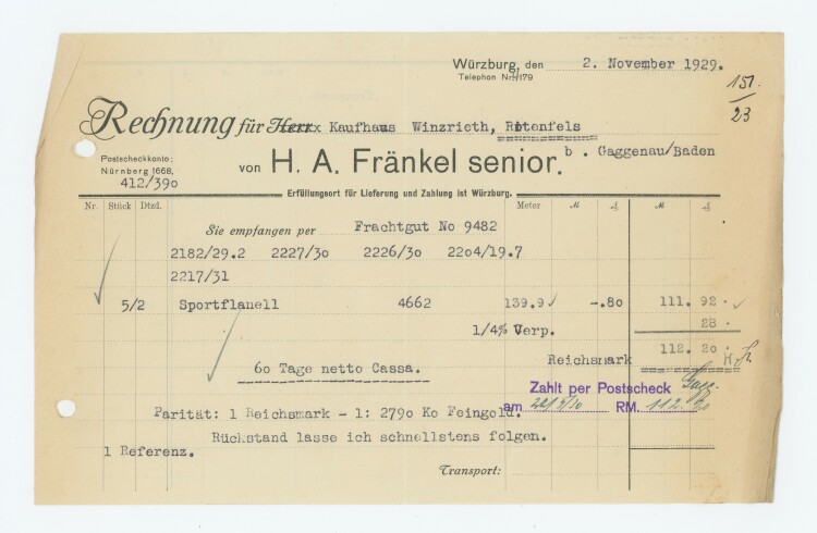 Herr Fränkle senior - Rechnung - 02.11.1929