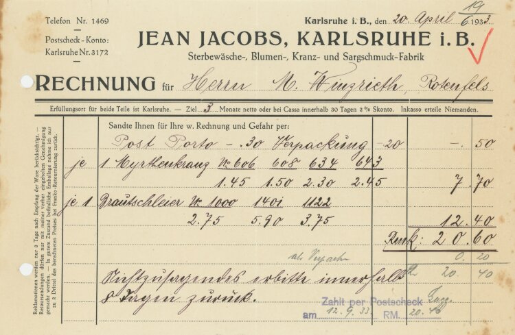 - Rechnung  - 20.4.1933