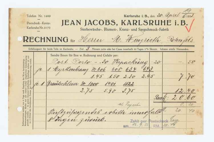 - Rechnung  - 20.4.1933