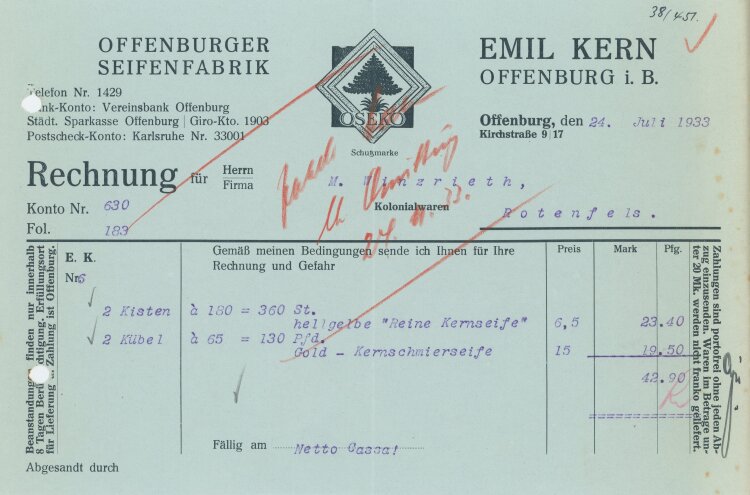 Offenburger Seifenfabrik - Rechnung  - 24.07.1933