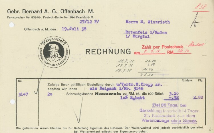 Kaufhaus M Winzrieth - Rechnung - 19.07.1938