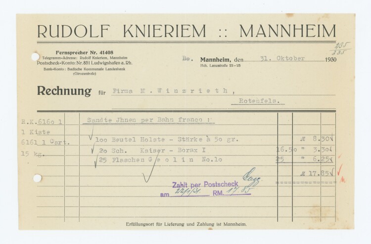 Rudolf Knieriem - Rechnung von Rudolf Knieriem an Kaufhaus M Winzrieth über den Kauf von Reinigungsmitteln. - 31.10.1930