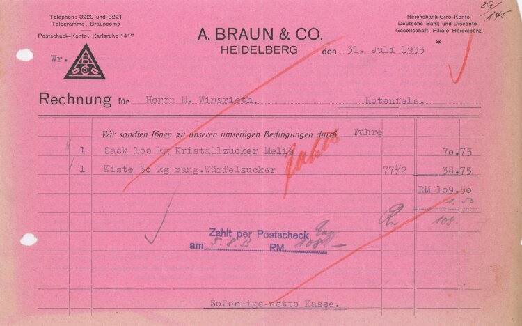 A. Braun & Co - Rechnung - 31.07.1933