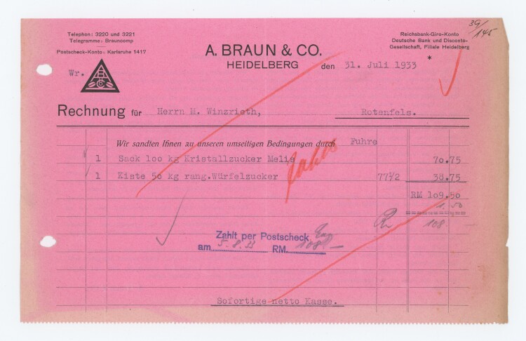 A. Braun & Co - Rechnung - 31.07.1933