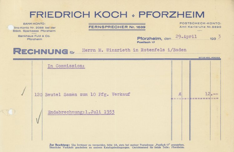 Friedrich Koch - Rechnung - 29.04.1933