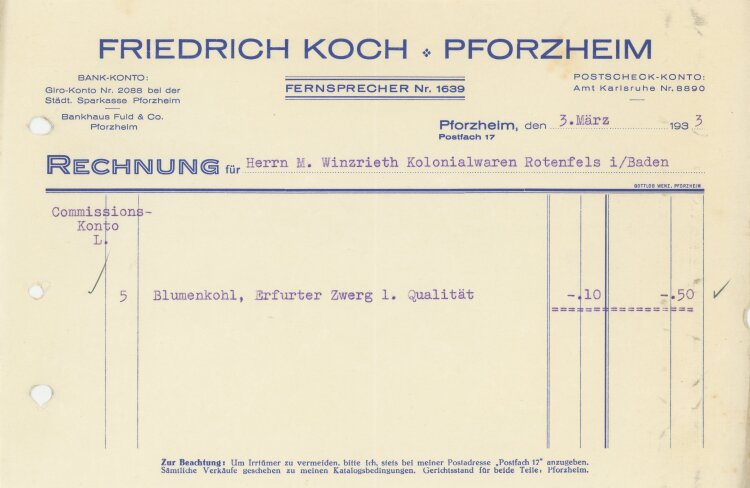 Friedrich Koch - Rechnung - 03.03.1933