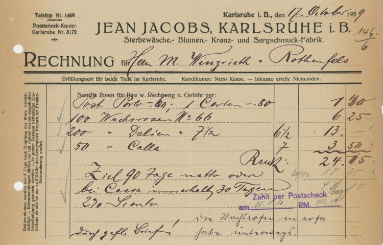 Jean Jacobs Sterbewäsche-Blumen-Kranz-Sargschmuck-Fabrik - Rechnung - 17.10.1929