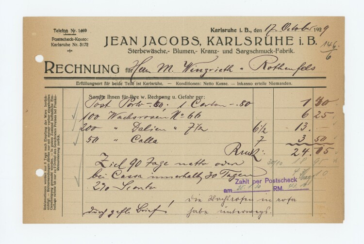 Jean Jacobs Sterbewäsche-Blumen-Kranz-Sargschmuck-Fabrik - Rechnung - 17.10.1929